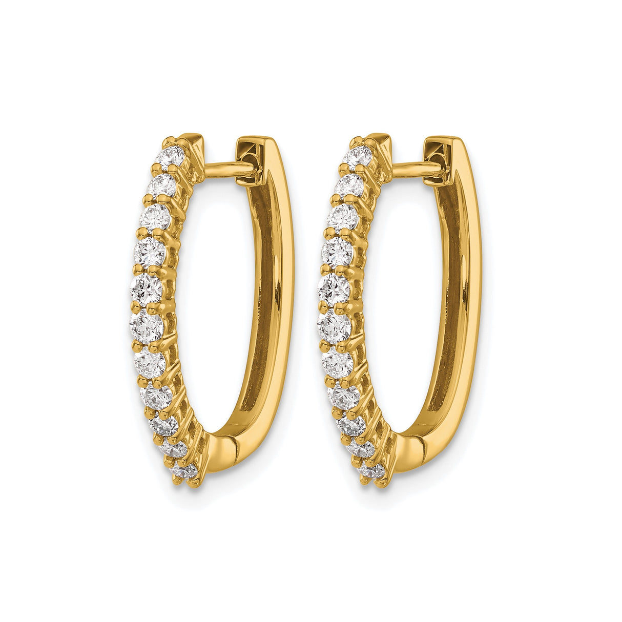 14k Yellow Gold Hoop Earrings with Round Diamonds, Prong Set, Hinged Snap Back Closure