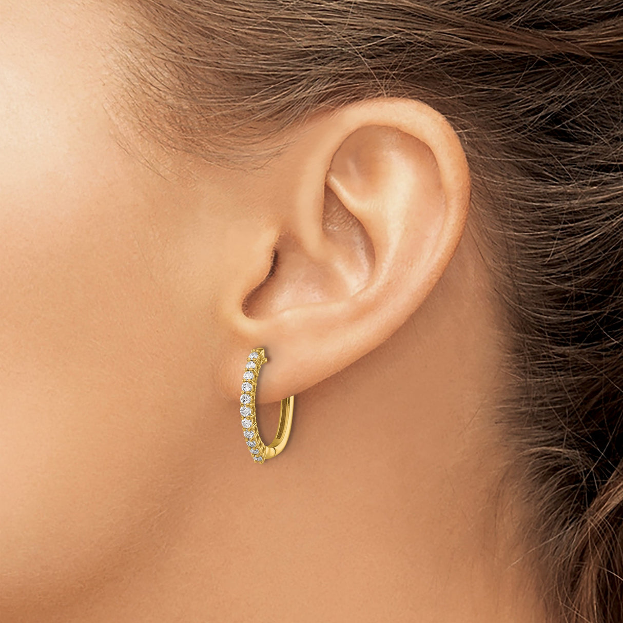 14k Yellow Gold Hoop Earrings with Round Diamonds, Prong Set, Hinged Snap Back Closure