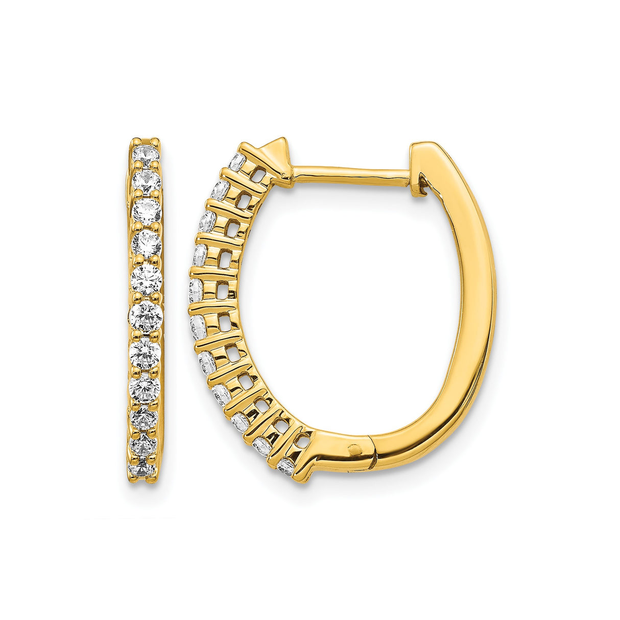 14k Yellow Gold Hoop Earrings with Round Cubic Zirconia, Prong Set, Hinged Snap Back Closure