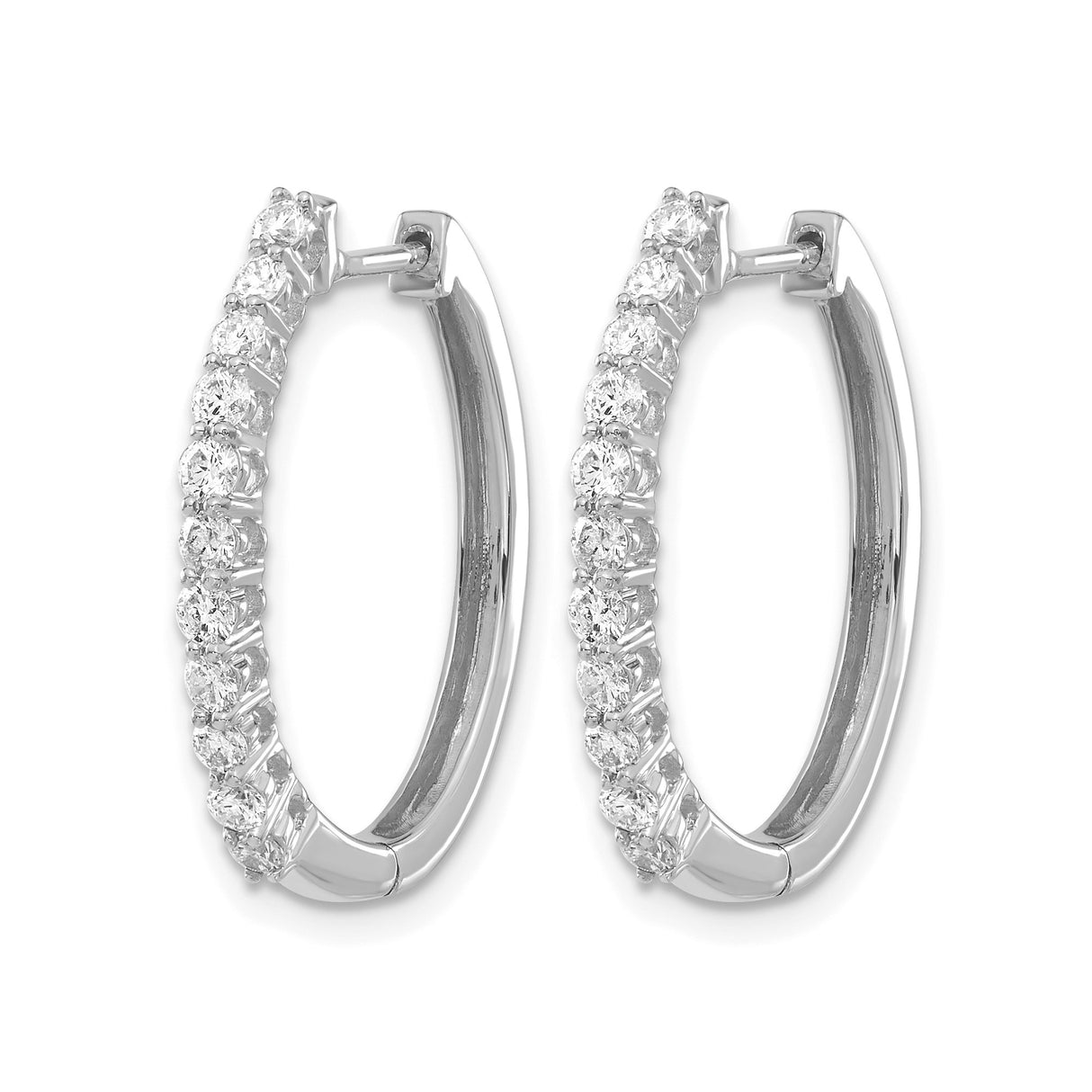 14k White Gold Hoop Earrings with Round Cut Diamonds in Prong Setting