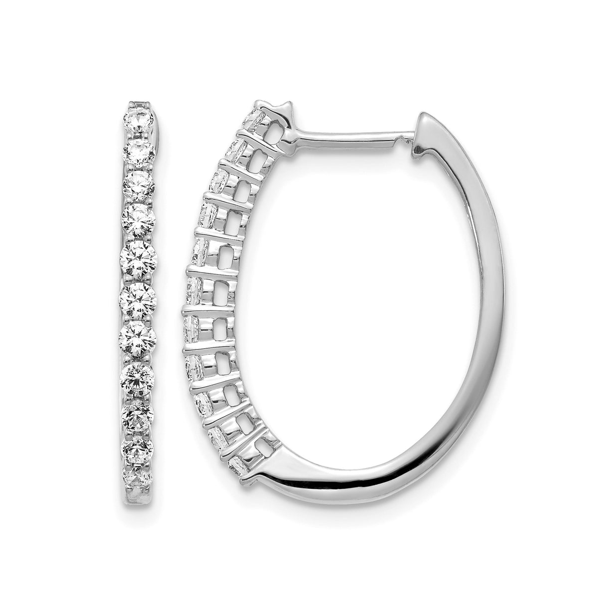 14k White Gold Hoop Earrings with Round Cut Diamonds in Prong Setting