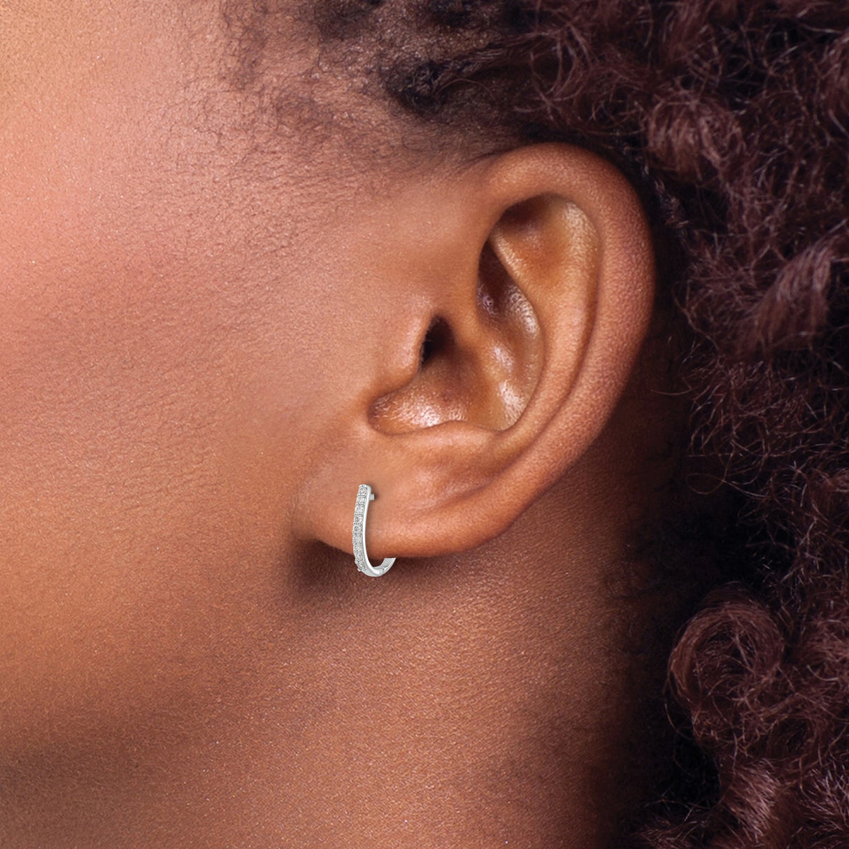 14k White Gold Hoop Earrings with Round Cut Diamonds, Modern Huggie Style