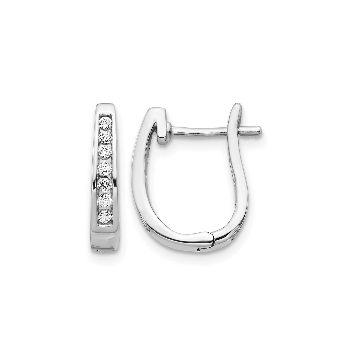14k White Gold Huggie Earrings with Channel Set Round Diamonds, Small Hoop Design for Women