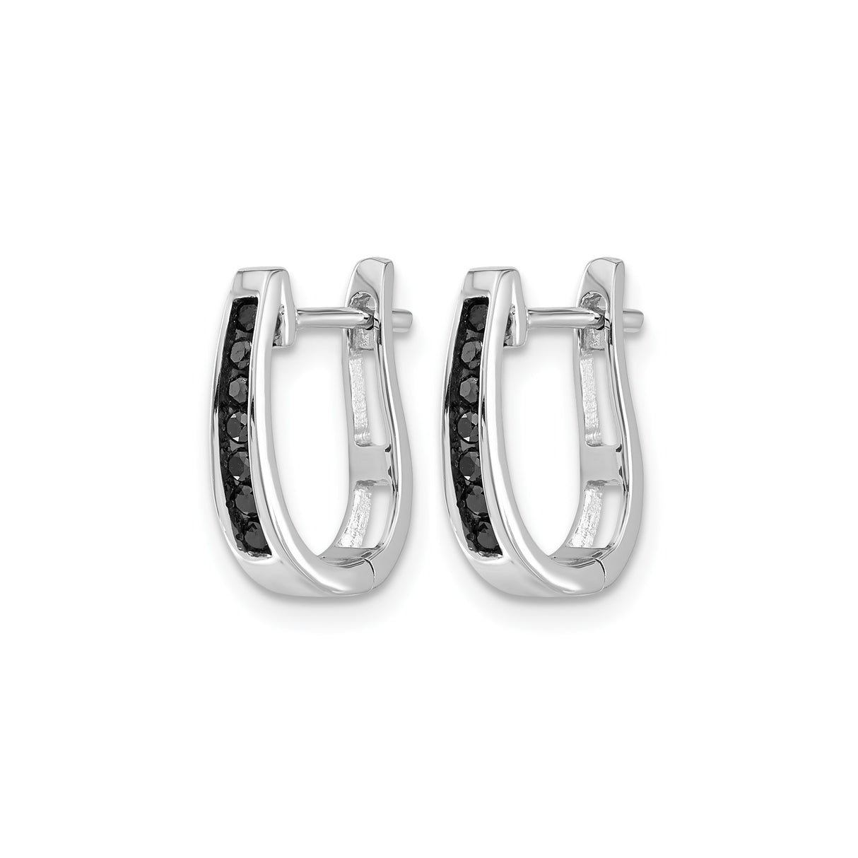 14k White Gold Huggie Hoop Earrings with Black Diamonds, Modern Sleek Style