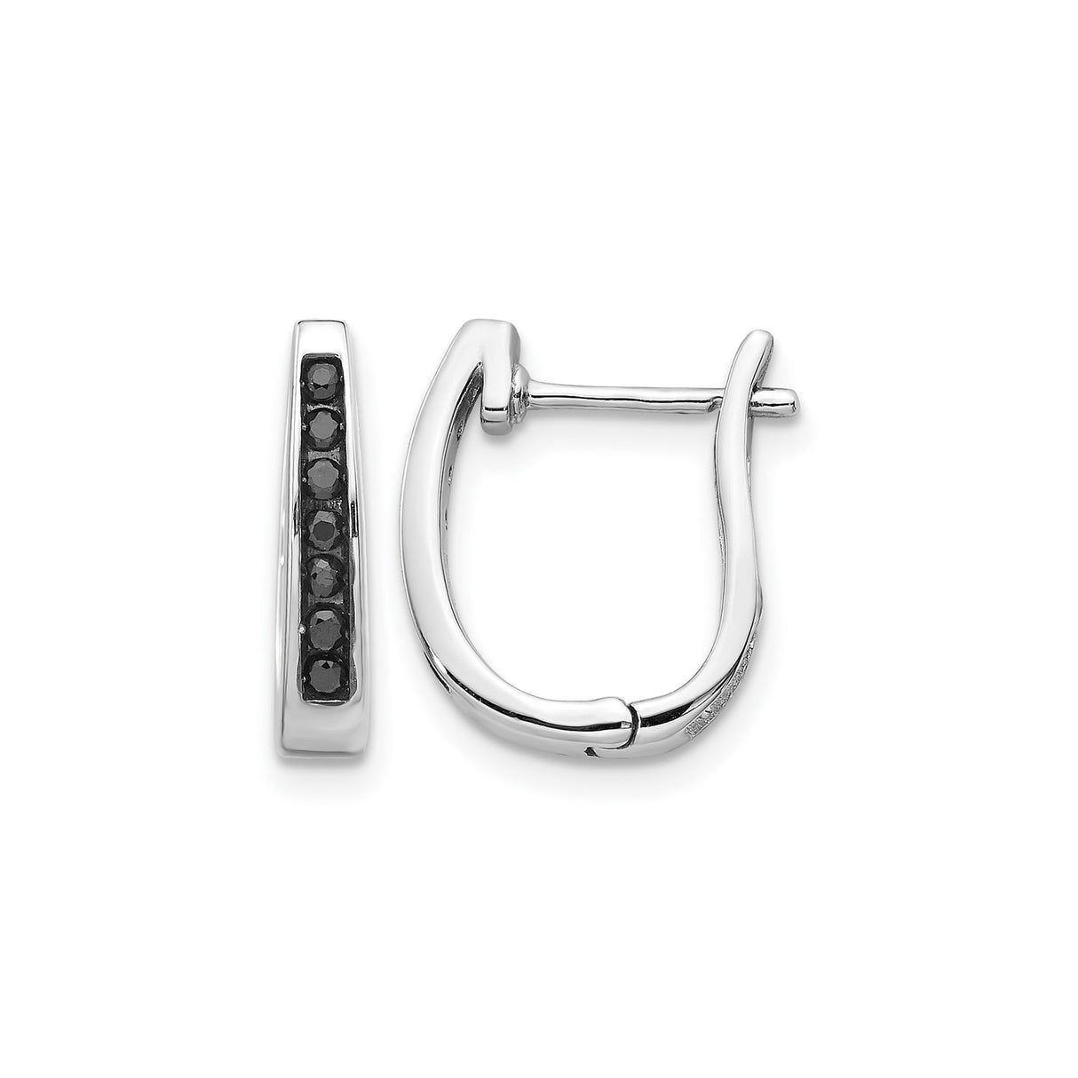14k White Gold Huggie Hoop Earrings with Black Diamonds, Modern Sleek Style