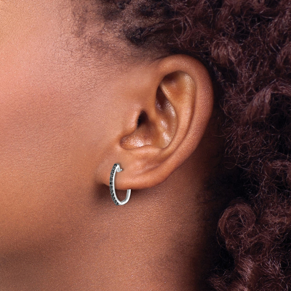 14k White Gold Hoop Earrings with Black Diamonds, Modern Pavé Style for Women