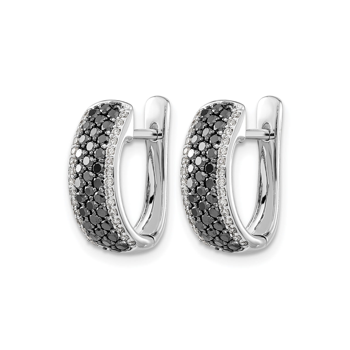14k White Gold Huggie Hoop Earrings with Black and White Diamonds, Modern Formal Design