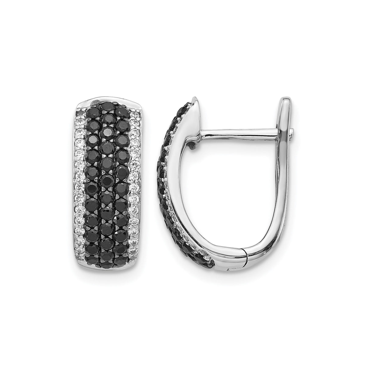 14k White Gold Huggie Hoop Earrings with Black and White Diamonds, Modern Formal Design