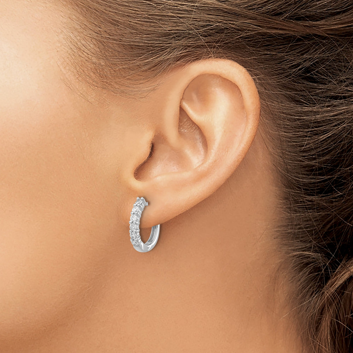 14k White Gold Diamond Hoop Earrings with Round Cut Diamonds in Shared Prong Setting