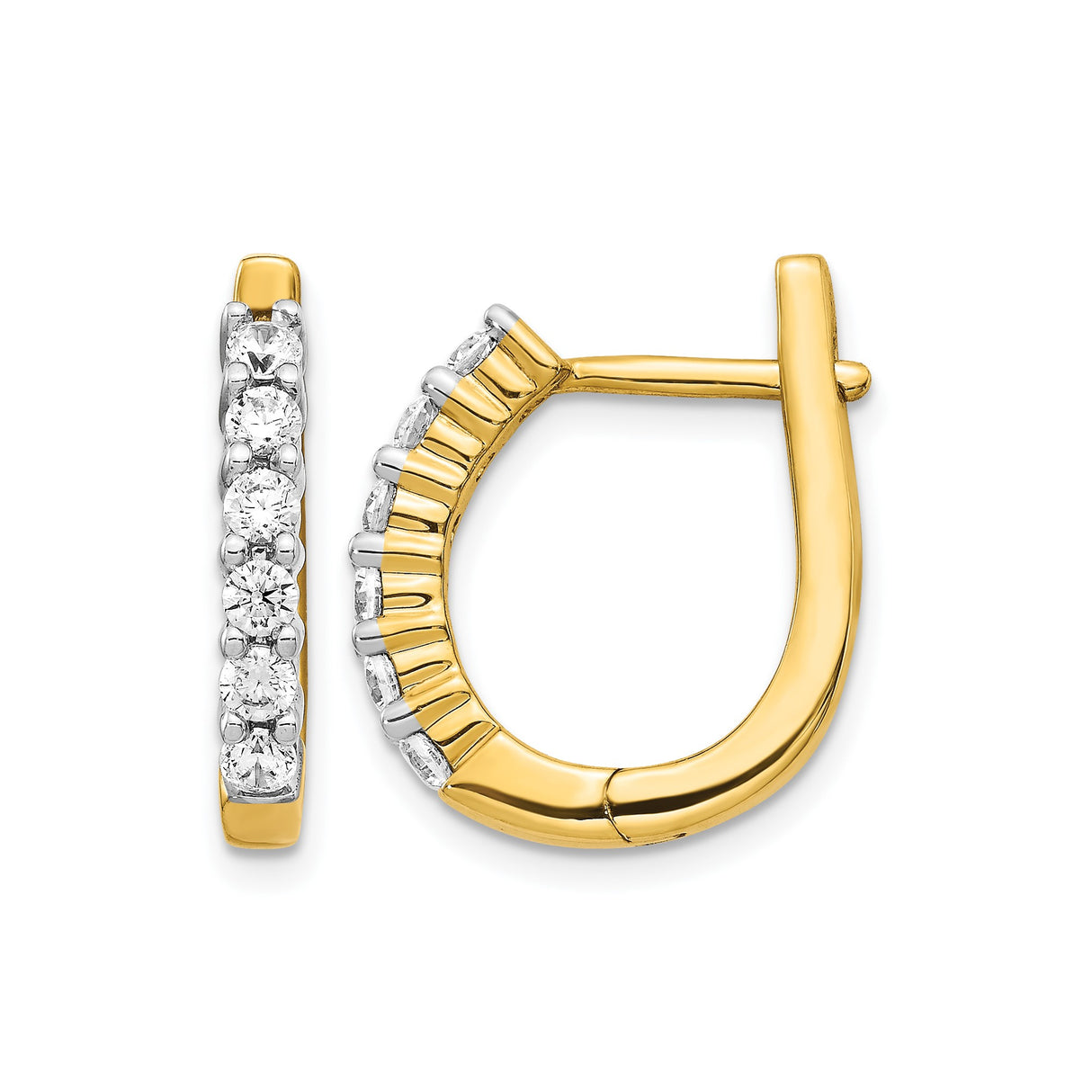 14k Yellow Gold Hoop Earrings with Round White Diamonds, Classic Prong-Set Design for Women