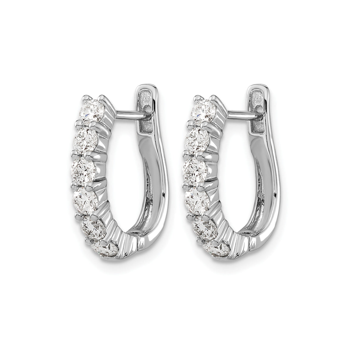 14k White Gold Hoop Earrings with Round Cut Diamonds in Shared Prong Setting