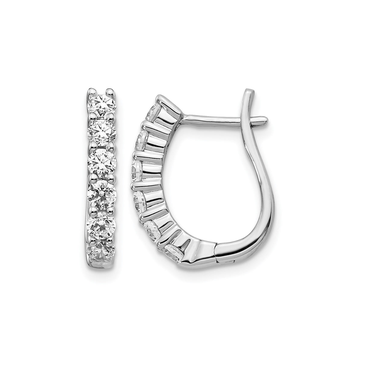 14k White Gold Hoop Earrings with Round Cut Diamonds in Shared Prong Setting