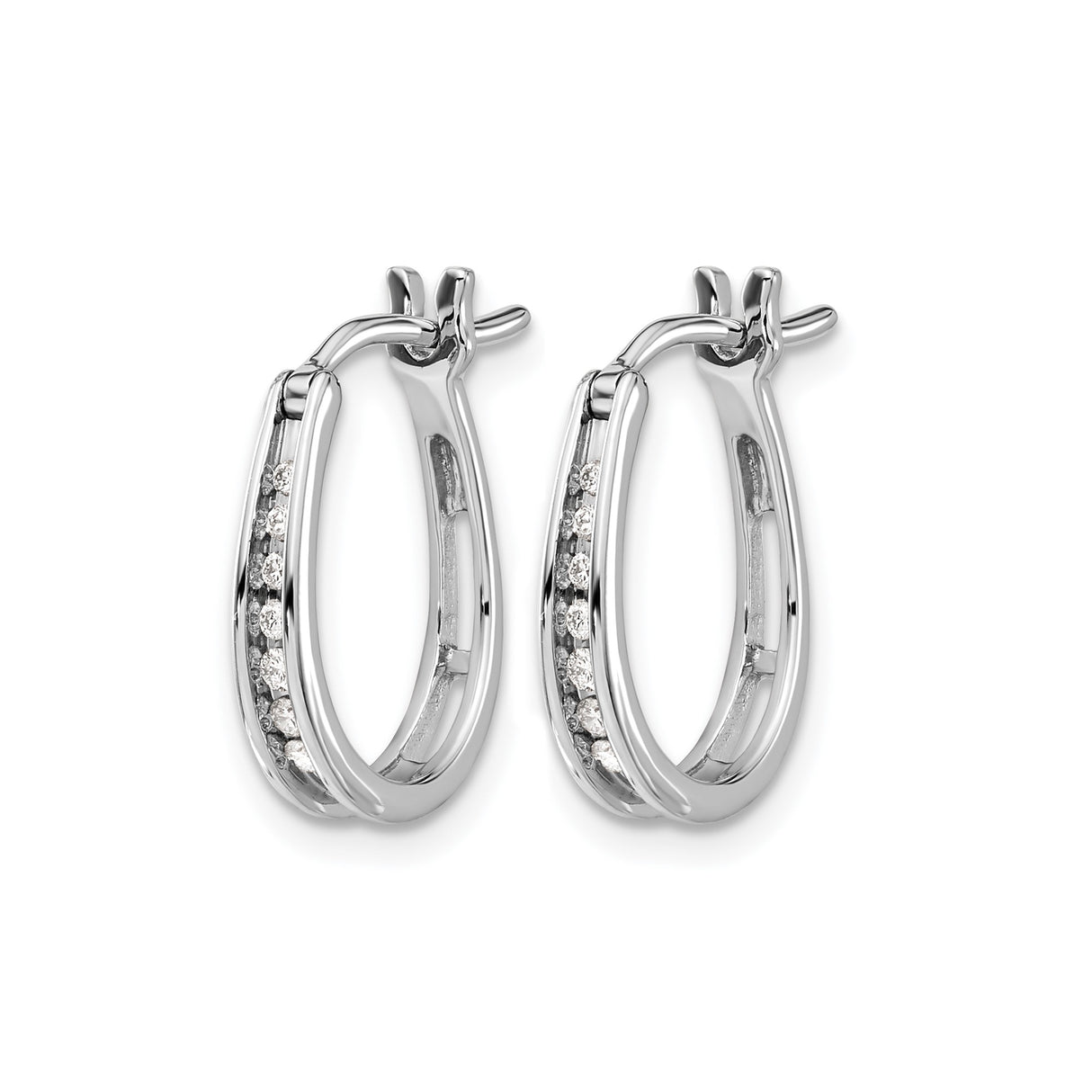 14k White Gold Diamond Hoop Earrings, Round Cut Channel Set, Hinged Oval Design for Women