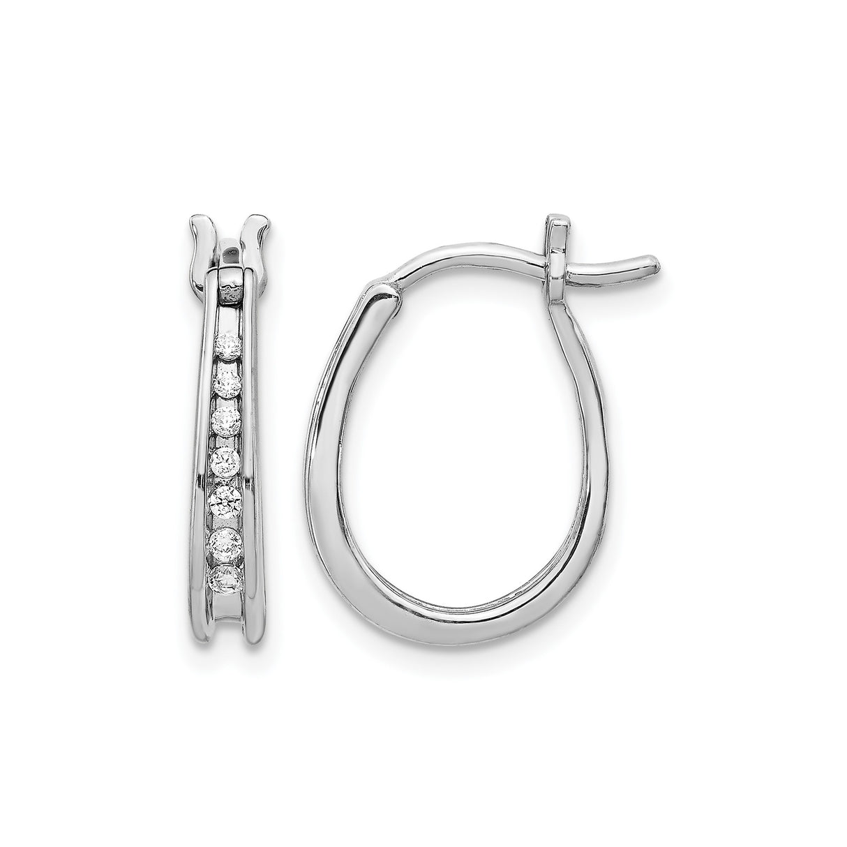 14k White Gold Diamond Hoop Earrings, Round Cut Channel Set, Hinged Oval Design for Women