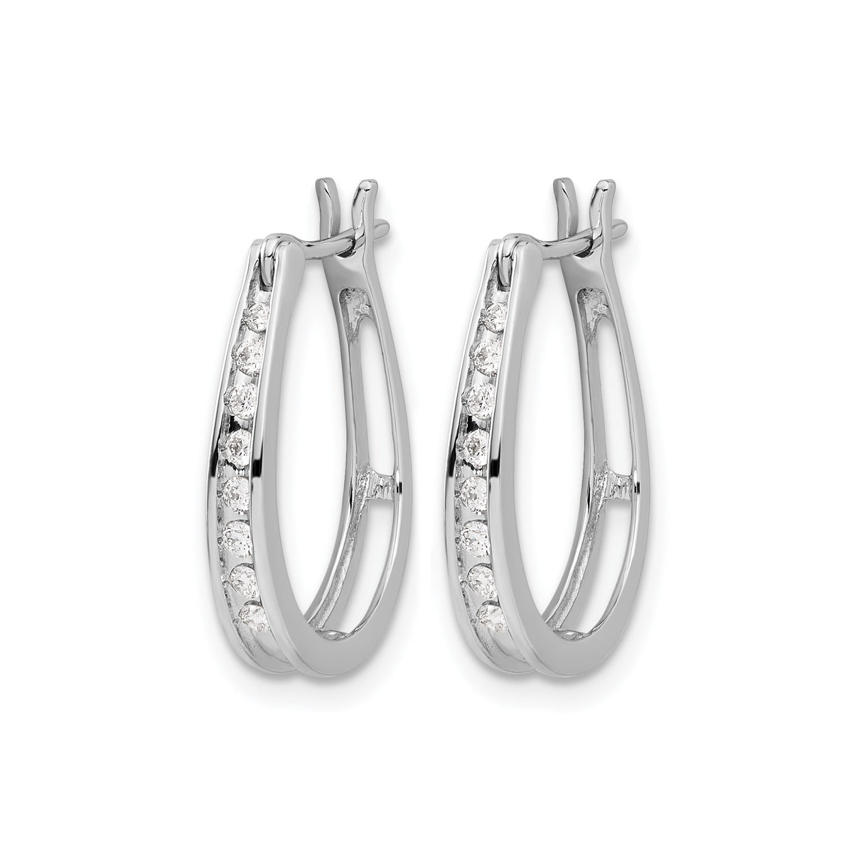 14k White Gold Hoop Earrings with Channel Set Round Diamonds, Polished Finish