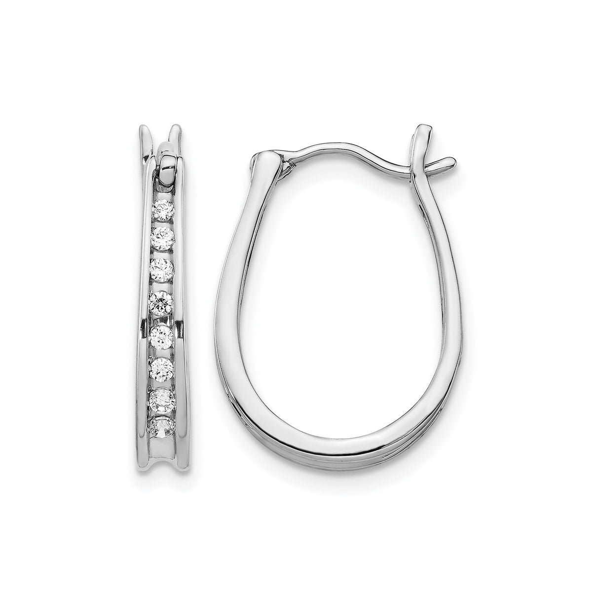 14k White Gold Hoop Earrings with Channel Set Round Diamonds, Polished Finish