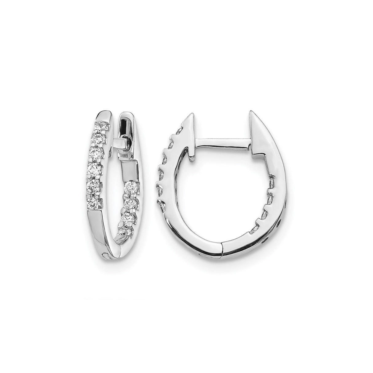 10k White Gold Hoop Earrings with Round Cut Cubic Zirconia, Shared Prong Setting, Hinged Design
