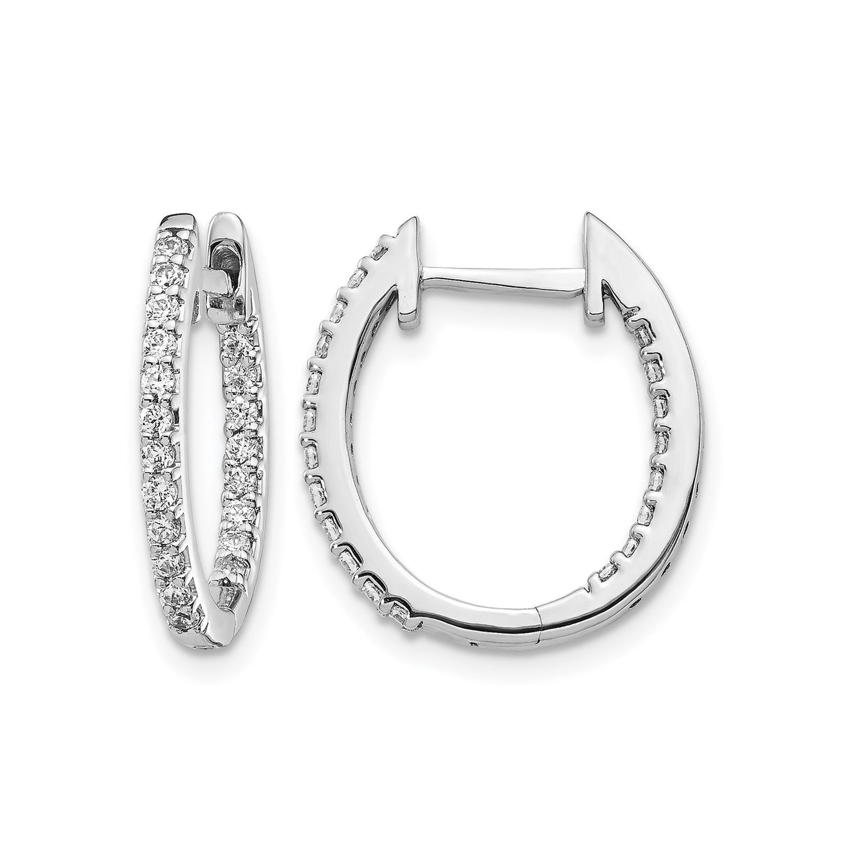 14k White Gold Hoop Earrings with Round Cut Diamonds, Oval Design for Women