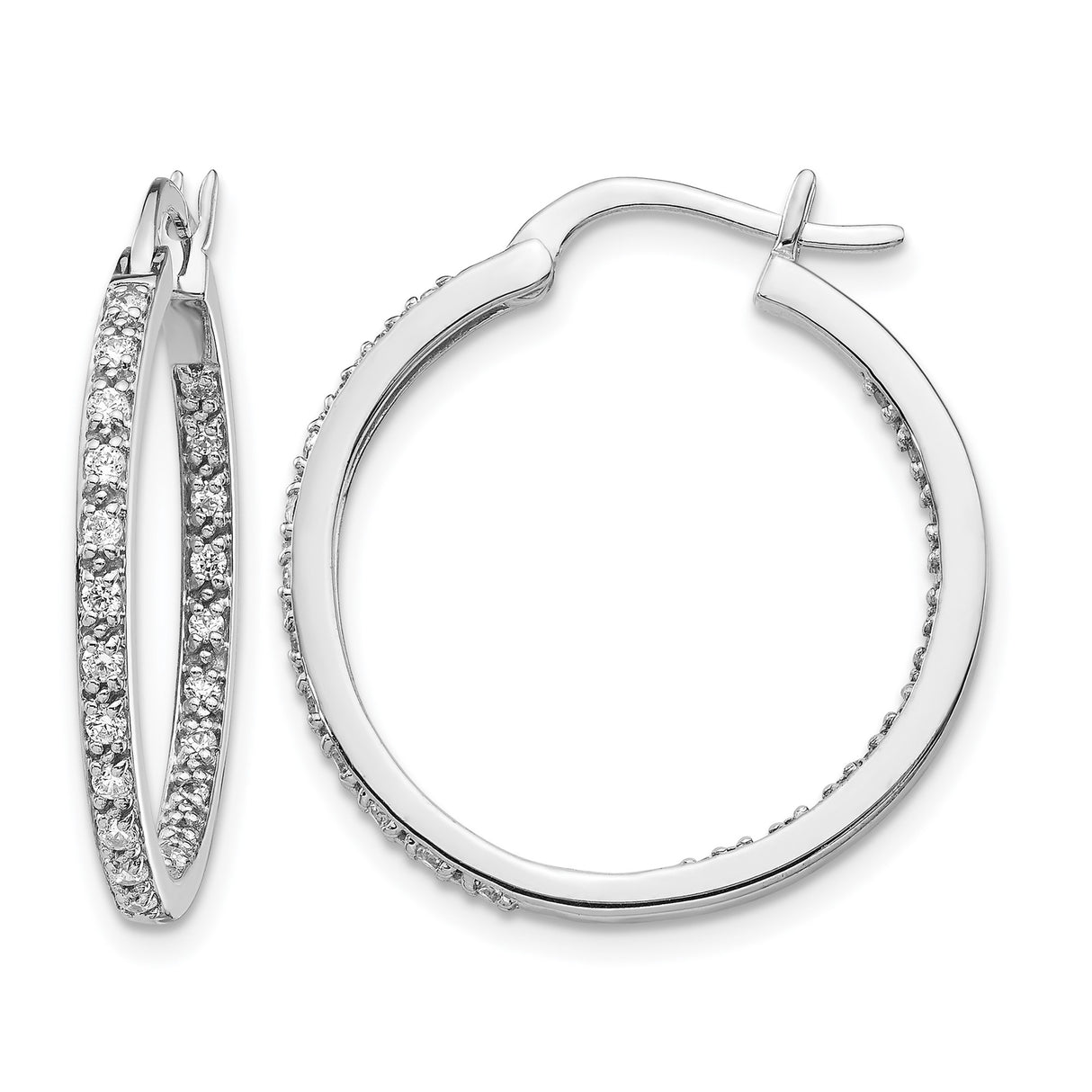 14k White Gold Diamond Hoop Earrings, Round Cut, Slim Modern Design for Women
