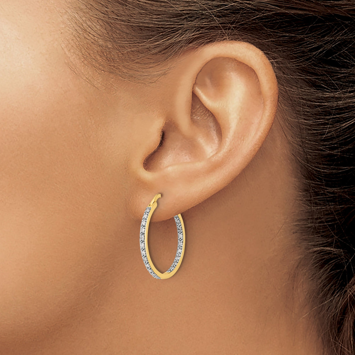 14k Yellow Gold Hoop Earrings with Diamond, Diamond-Cut Dual Finish, Pave Front Curve