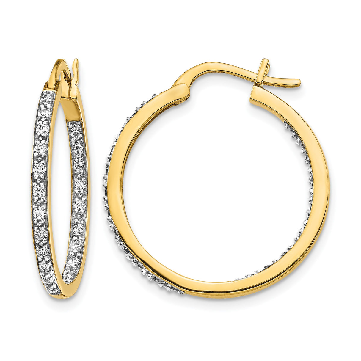 14k Yellow Gold Hoop Earrings with Diamond, Diamond-Cut Dual Finish, Pave Front Curve