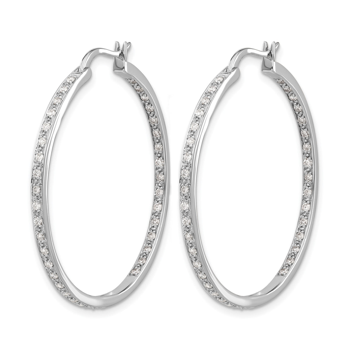 14k White Gold Diamond Hoop Earrings with Double Row Pavé Setting, Polished Finish