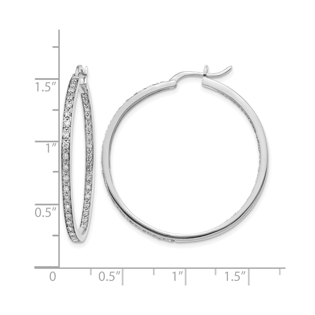 14k White Gold Diamond Hoop Earrings with Double Row Pavé Setting, Polished Finish