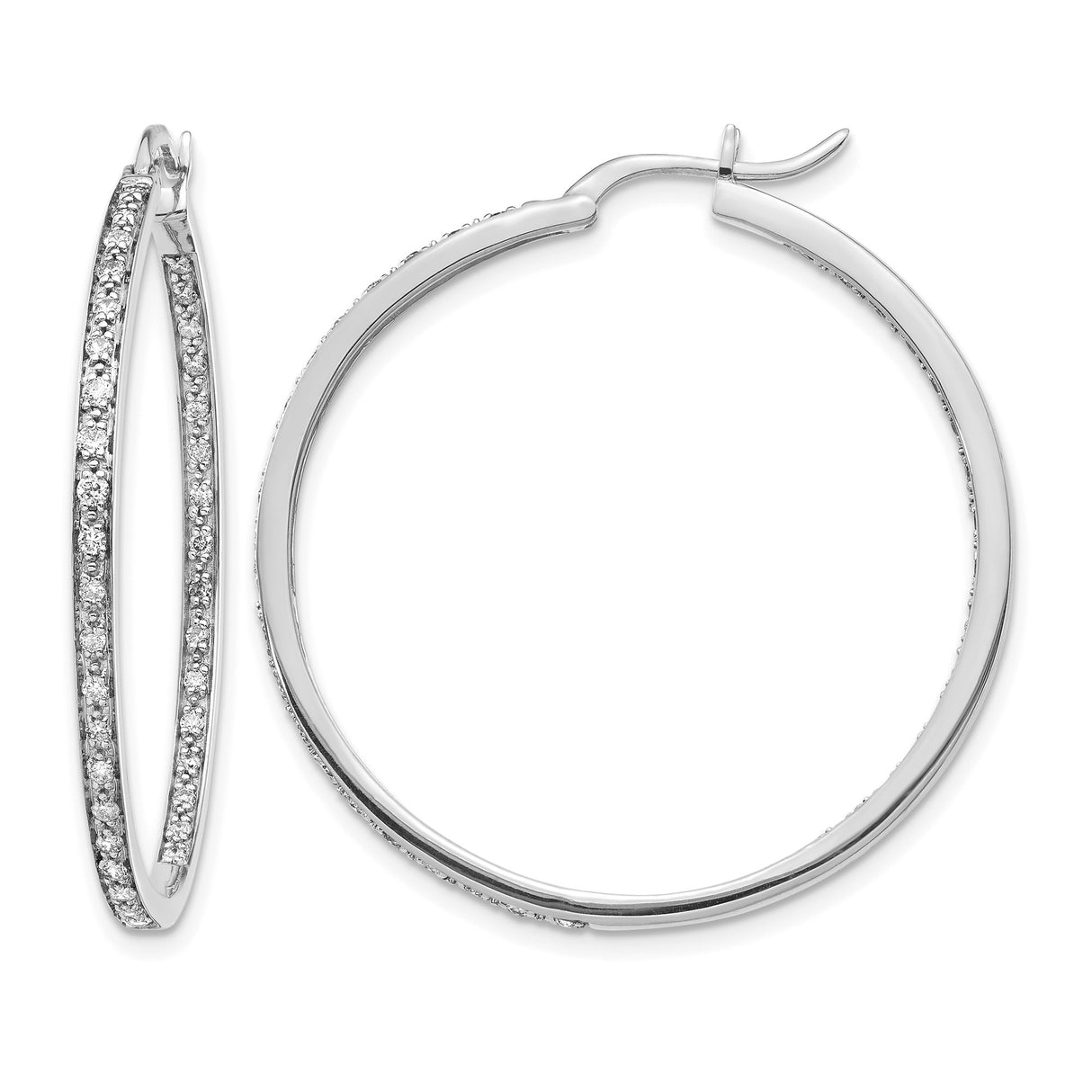 14k White Gold Diamond Hoop Earrings with Double Row Pavé Setting, Polished Finish