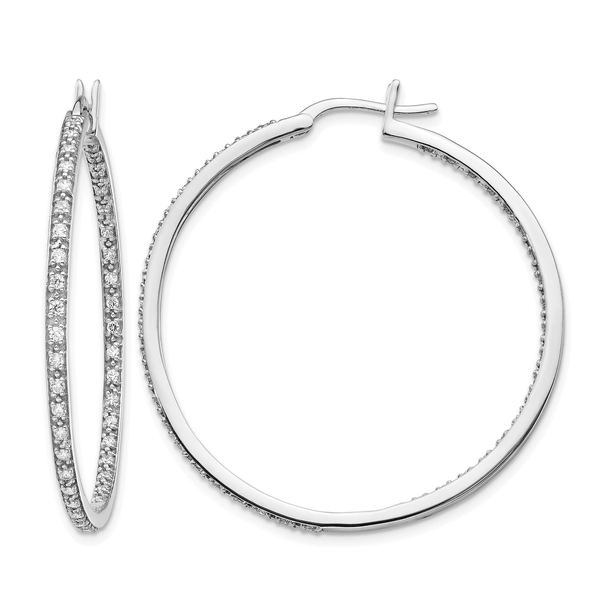 14k White Gold Hoop Earrings with Pavé Set Diamonds, Classic Round Front-Facing Design
