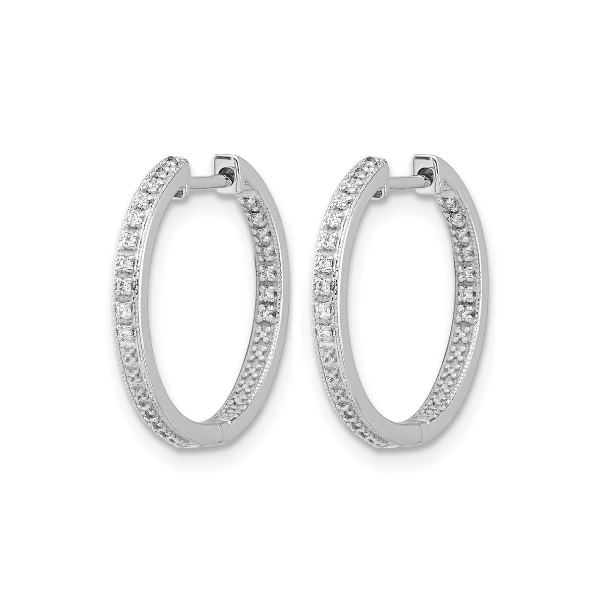 10k White Gold Hoop Earrings with Diamond Accents, Double Row Polished Hinged Back Design