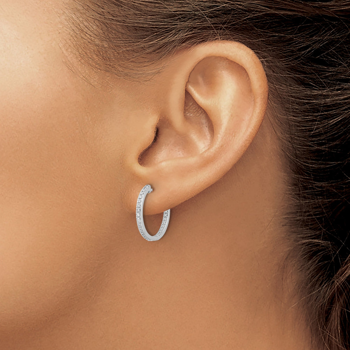 10k White Gold Hoop Earrings with Diamond Accents, Double Row Polished Hinged Back Design