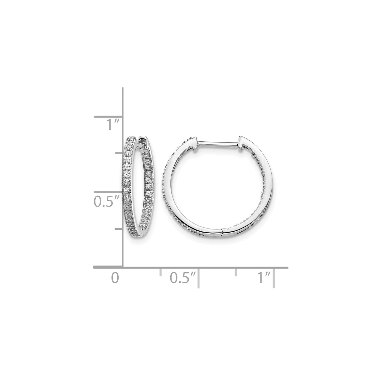 10k White Gold Hoop Earrings with Diamond Accents, Double Row Polished Hinged Back Design
