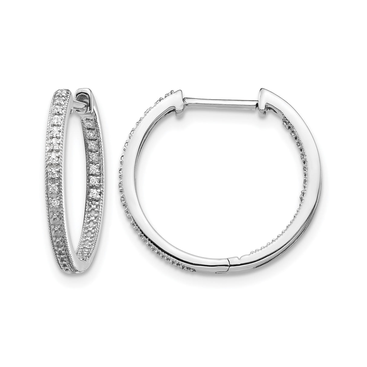 10k White Gold Hoop Earrings with Diamond Accents, Double Row Polished Hinged Back Design
