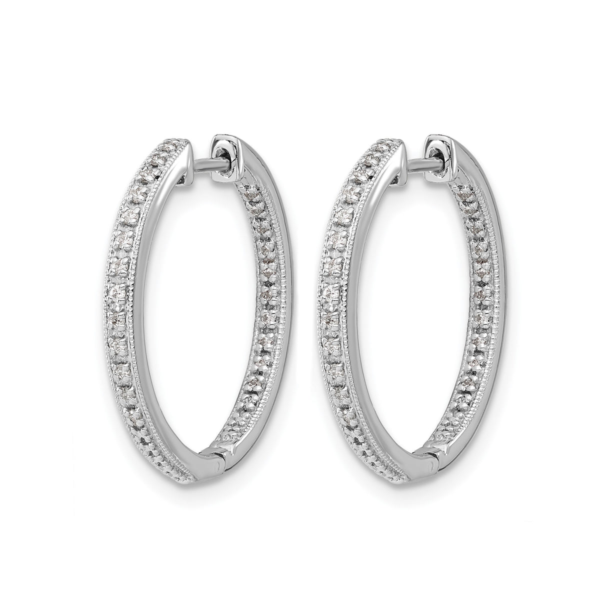 10k White Gold Hoop Earrings with Double Row Round Cut Diamonds in Pave Setting
