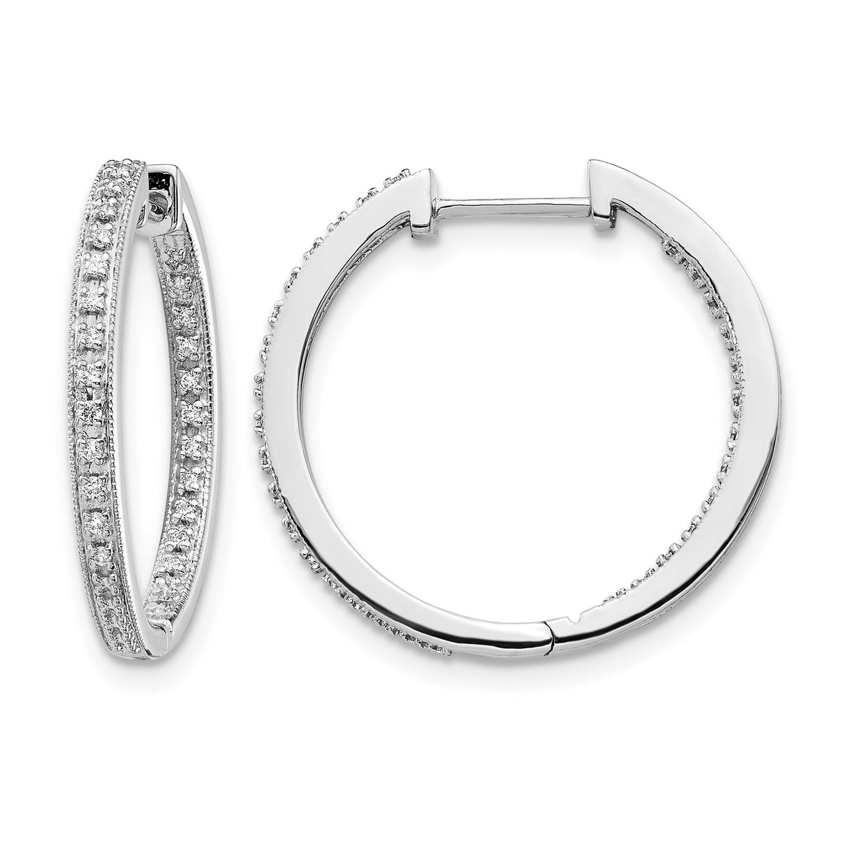10k White Gold Hoop Earrings with Double Row Round Cut Diamonds in Pave Setting