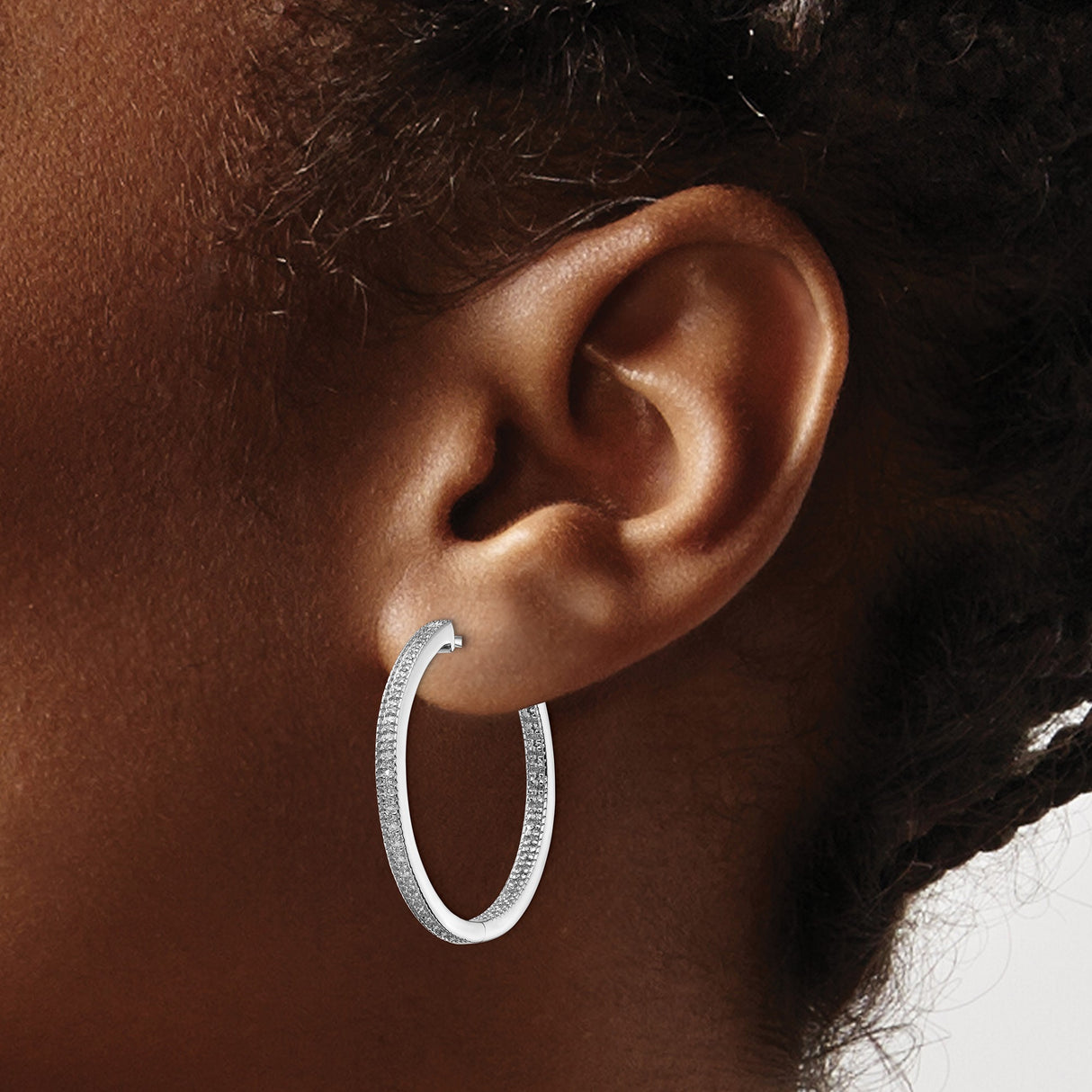 14k White Gold Diamond Inside-Out Hoop Earrings with Pavé Set Stones, High Polish Finish