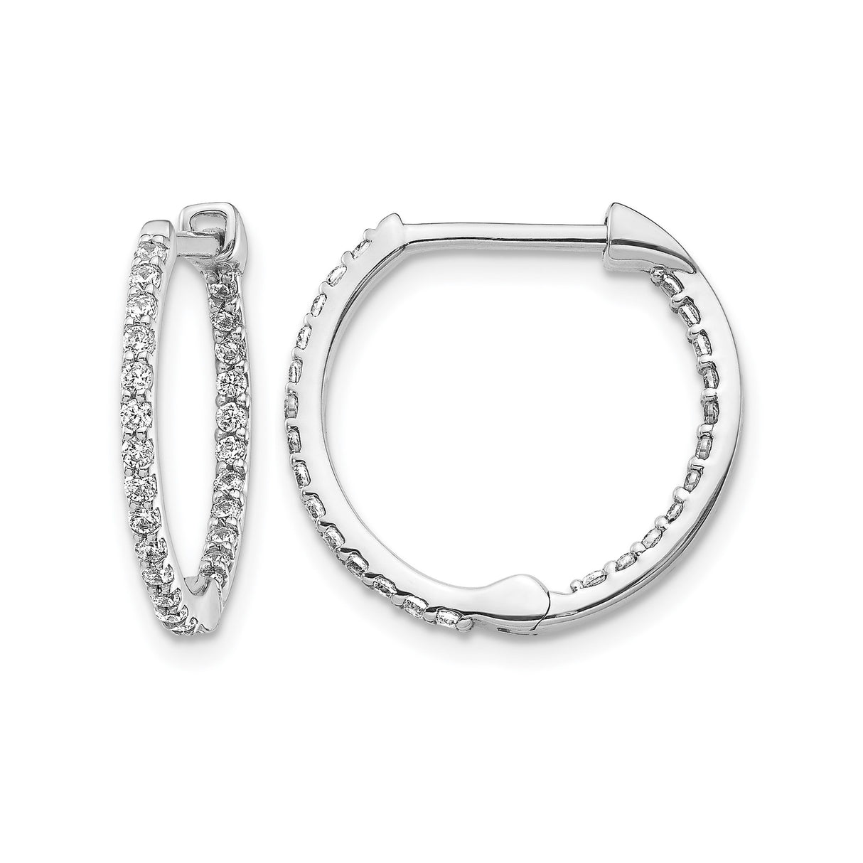 14k White Gold Hoop Earrings with Pavé Round Cut Diamonds, Classic Hinged Fine Jewelry