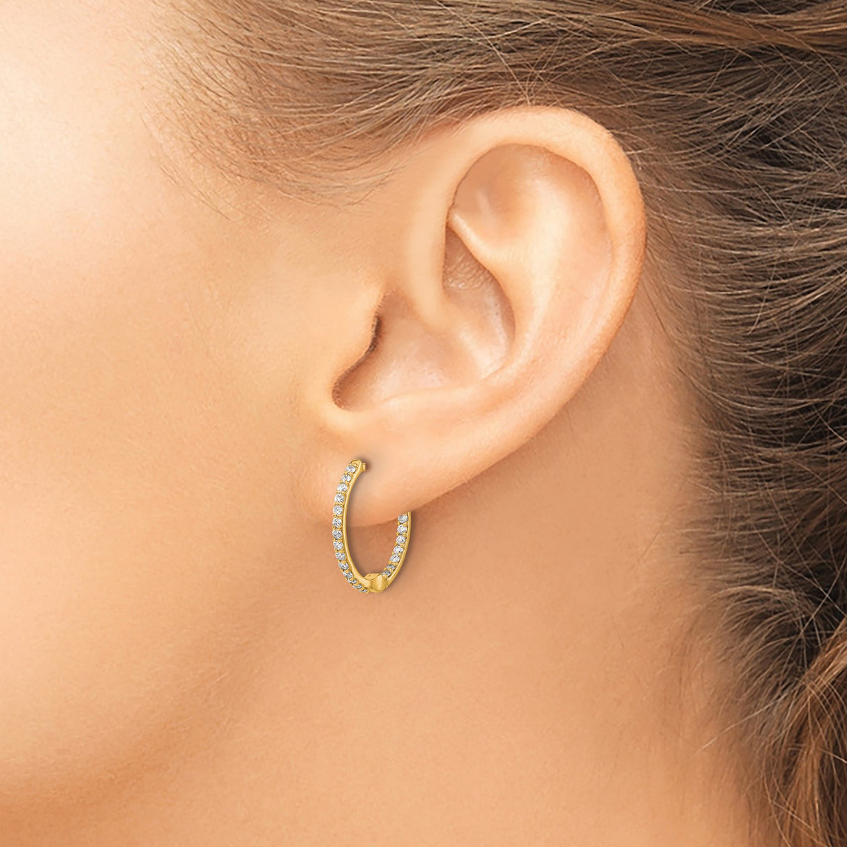 14k Yellow Gold Hoop Earrings with Diamond Accents, Classic Pave Setting, Polished Finish