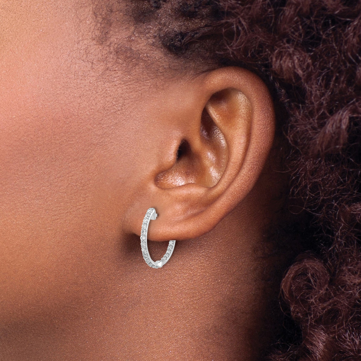 14k White Gold Hoop Earrings with Double Row Diamonds in Pave Setting