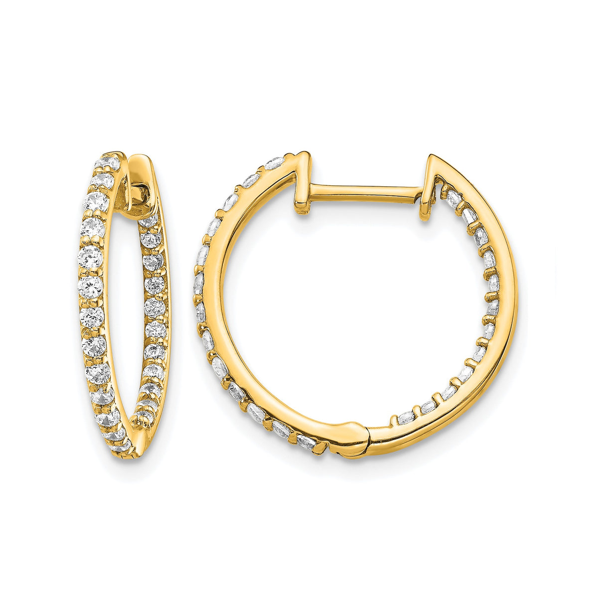 14k Yellow Gold Hoop Earrings with Prong Set Diamonds, Diamond Cut Full Circle Design