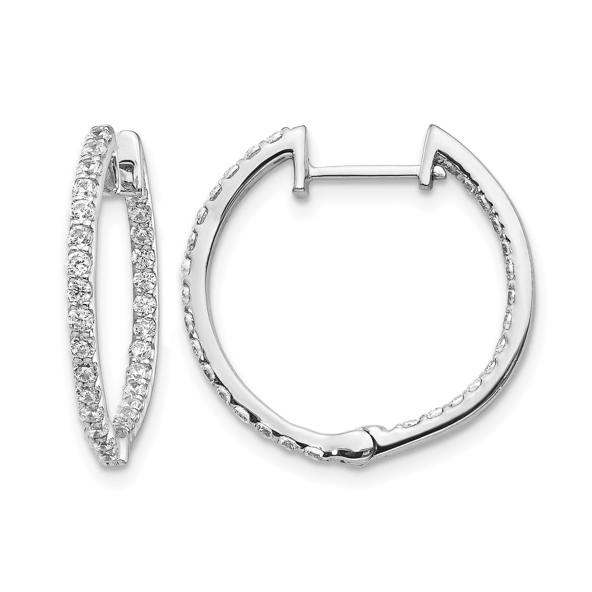14k White Gold Hoop Earrings with Round Cut Diamonds, In-Out Design, Polished Finish