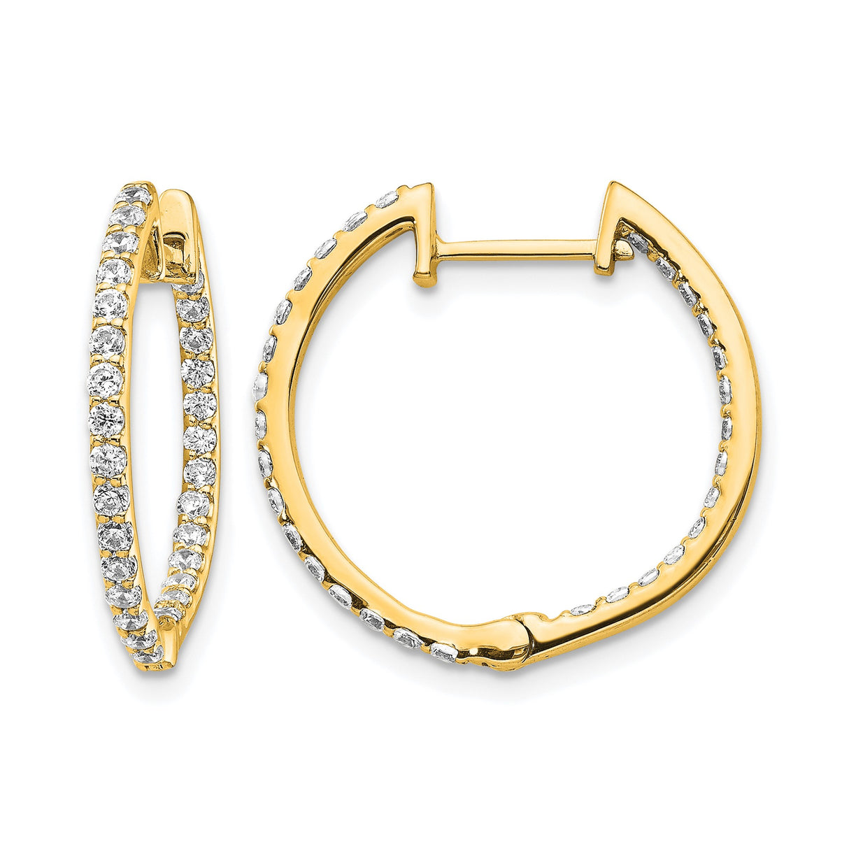 14k Yellow Gold Hoop Earrings with Round Cut Diamond, Hinged In-Out Design for Women