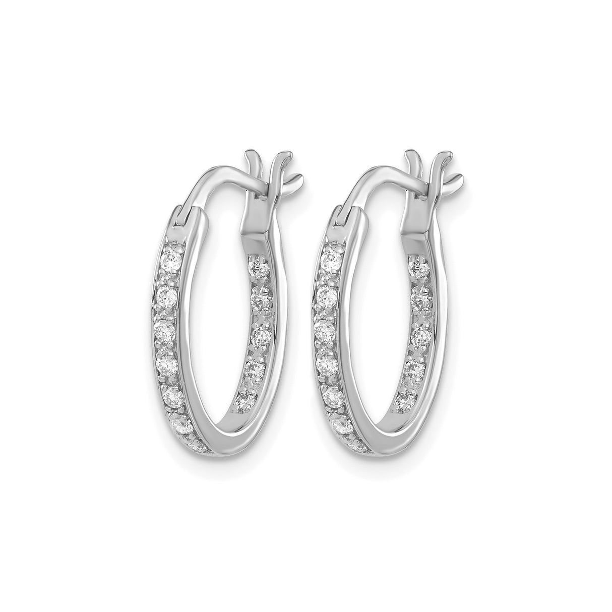 14k White Gold Oval Hoop Earrings with Round Cut Diamonds, Polished Finish, Classic Design