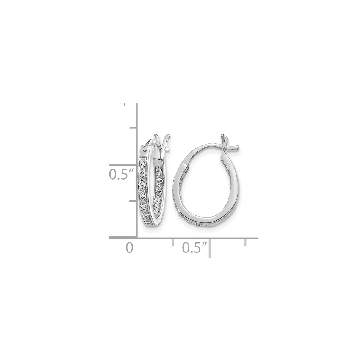 14k White Gold Oval Hoop Earrings with Round Cut Diamonds, Polished Finish, Classic Design