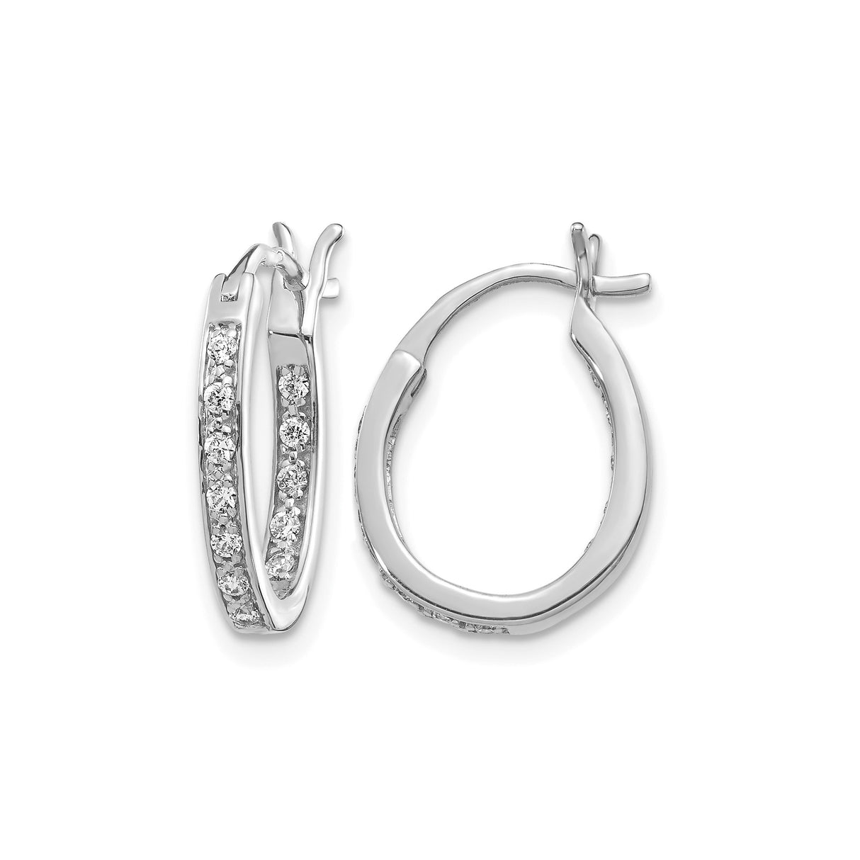 14k White Gold Oval Hoop Earrings with Round Cut Diamonds, Polished Finish, Classic Design