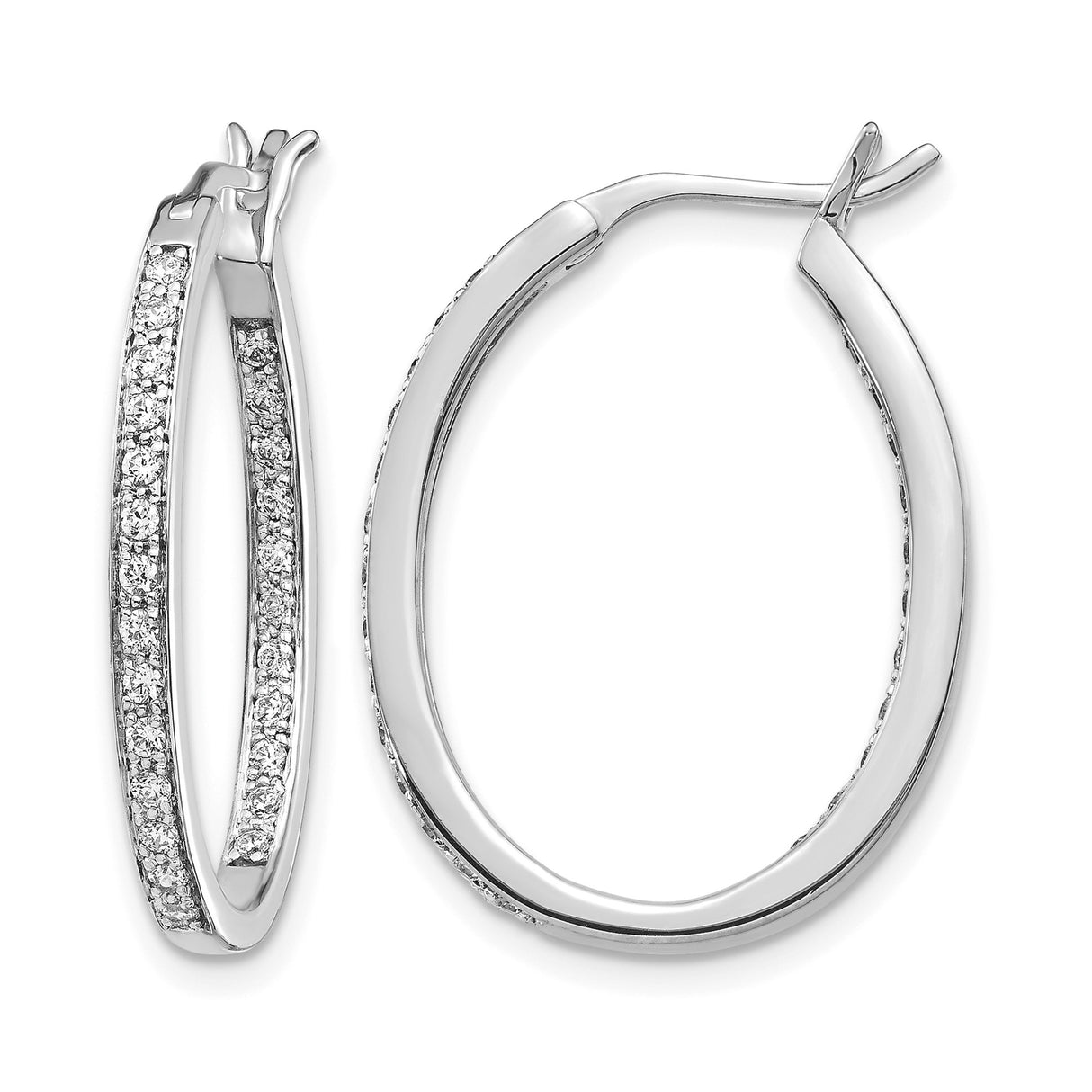 14k White Gold Oval Hoop Earrings with Pavé Set Diamonds, Timeless Elegant Design