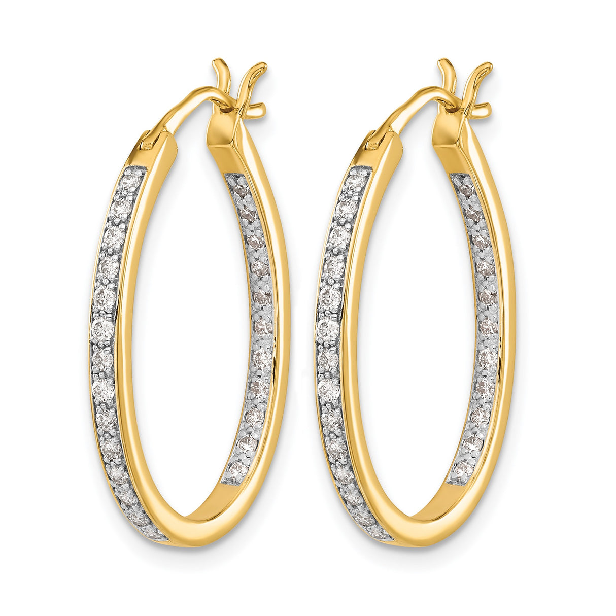 14k Yellow Gold Oval Hoop Earrings with Front-Facing White Diamonds, Hinged Lightweight Design