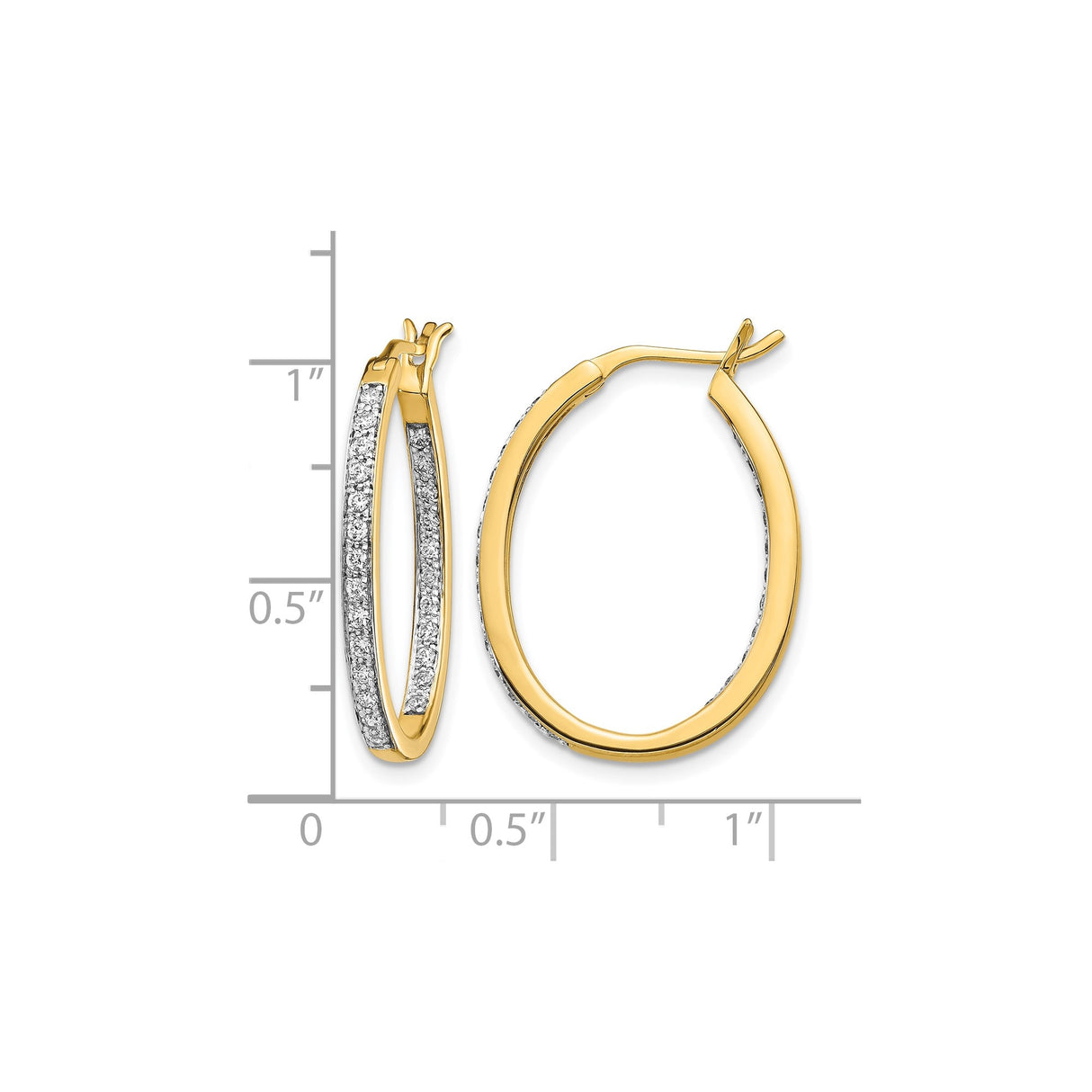 14k Yellow Gold Oval Hoop Earrings with Front-Facing White Diamonds, Hinged Lightweight Design