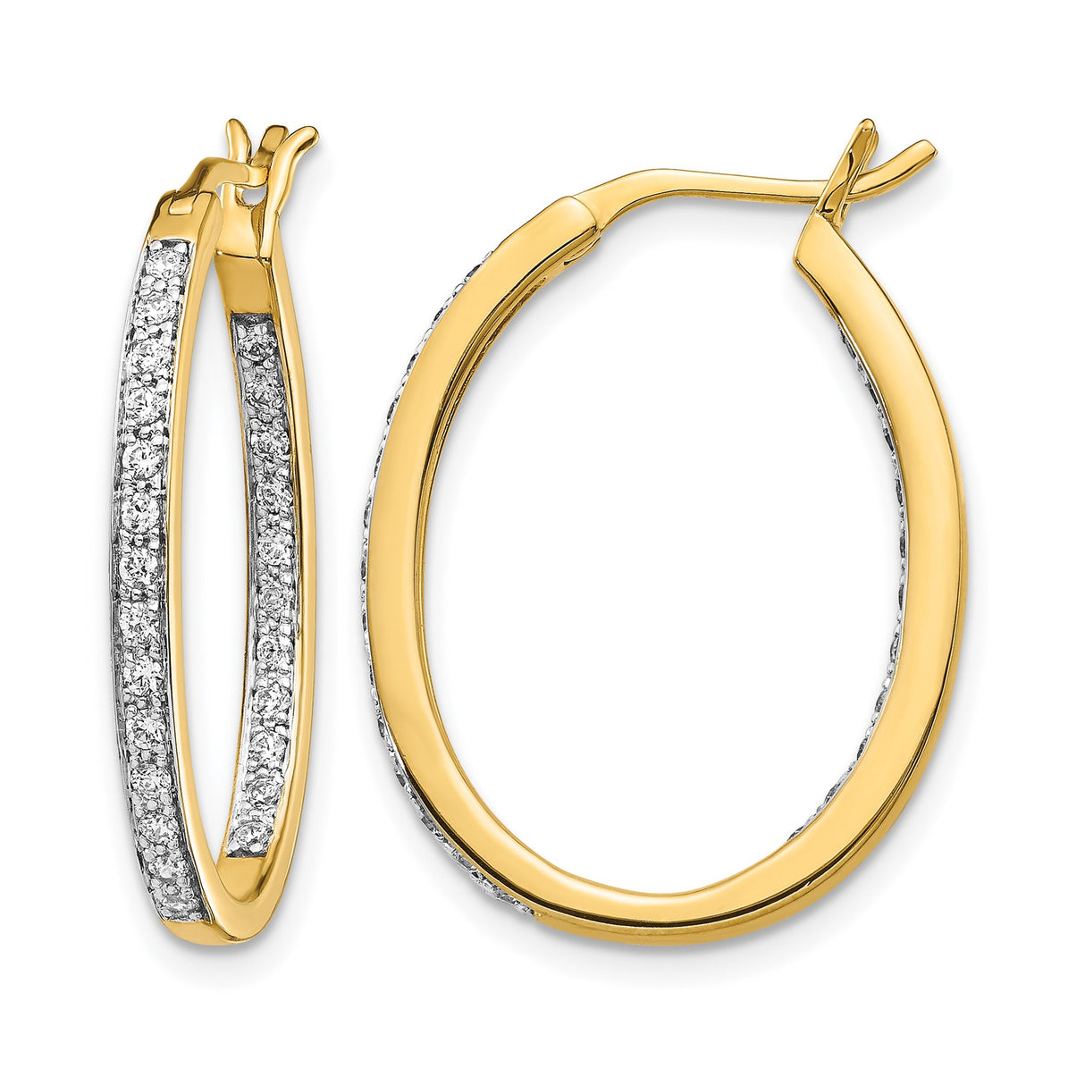 14k Yellow Gold Oval Hoop Earrings with Front-Facing White Diamonds, Hinged Lightweight Design