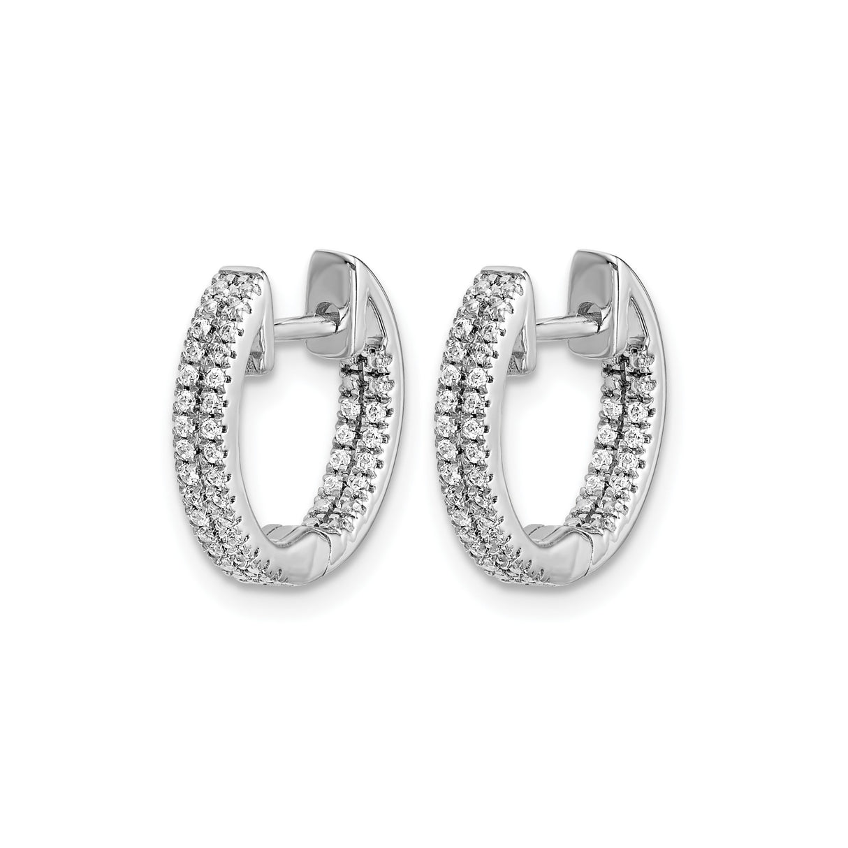 14k White Gold Hoop Earrings with Double Row Diamonds, Hinged Closure Design
